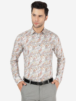 JB Studio - Mens Cotton Printed Orange & Grey Slim Fit Full Sleeve Party Wear Shirt