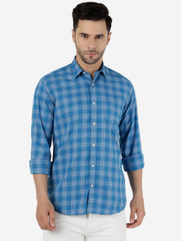 JadeBlue - Mens Cotton Checked Blue Slim Fit Full Sleeve Semi Casual Shirt