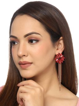 Yellow Chimes - Floral Shaped Crystal Red Long Chain Dangler Earrings