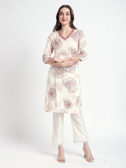 R&B - Cream Floral Printed Straight Kurta