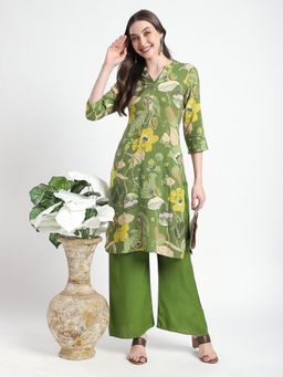 R&B - Green Floral Printed Regular Kurta