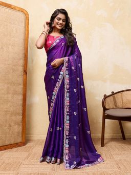 VAIRAGEE - Purple Satin Embroidered Saree with Unstitched Blouse