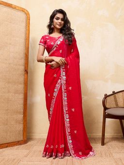 VAIRAGEE - Red Satin Embroidered Saree with Unstitched Blouse