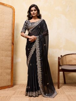 VAIRAGEE - Black Silk Embroidered Saree with Unstitched Blouse