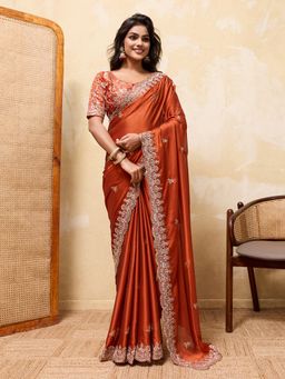 VAIRAGEE - Orange Silk Embroidered Saree with Unstitched Blouse