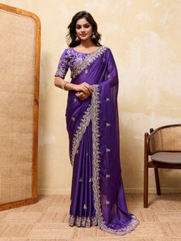 VAIRAGEE - Purple Silk Embroidered Saree with Unstitched Blouse