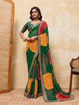 VAIRAGEE - Green Georgette Embroidered Saree with Unstitched Blouse