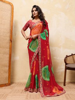 VAIRAGEE - Red Georgette Embroidered Saree with Unstitched Blouse