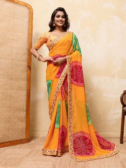 VAIRAGEE - Yellow Georgette Embroidered Saree with Unstitched Blouse