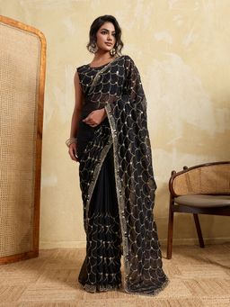 VAIRAGEE - Black Georgette Embroidered Saree with Unstitched Blouse