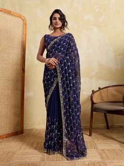 VAIRAGEE - Blue Georgette Embroidered Saree with Unstitched Blouse