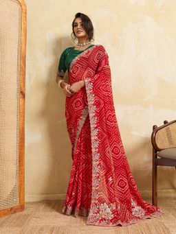VAIRAGEE - Red Georgette Embroidered Saree with Unstitched Blouse