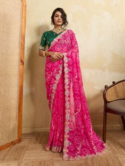 VAIRAGEE - Pink Georgette Embroidered Saree with Unstitched Blouse