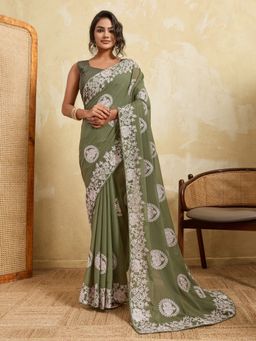 VAIRAGEE - Green Georgette Embroidered Saree with Unstitched Blouse