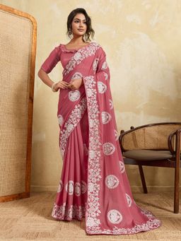 VAIRAGEE - Pink Georgette Embroidered Saree with Unstitched Blouse