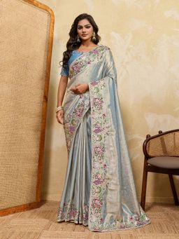 VAIRAGEE - Blue Banarasi Embroidered Saree with Unstitched Blouse
