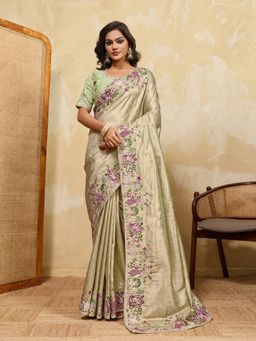 VAIRAGEE - Green Banarasi Embroidered Saree with Unstitched Blouse