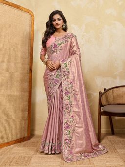 VAIRAGEE - Pink Banarasi Embroidered Saree with Unstitched Blouse