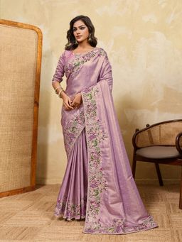 VAIRAGEE - Purple Banarasi Embroidered Saree with Unstitched Blouse