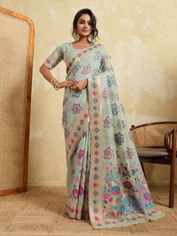 VAIRAGEE - Green Banarasi Embroidered Saree with Unstitched Blouse