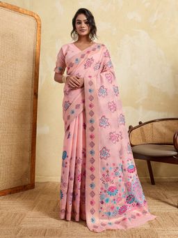 VAIRAGEE - Pink Banarasi Embroidered Saree with Unstitched Blouse