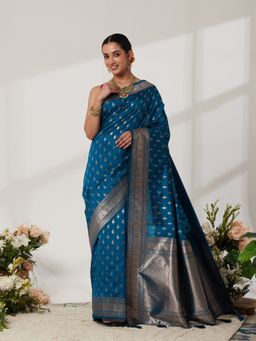 Garden VARELI - Teal Silk Blend Woven Saree with Unstitched Blouse