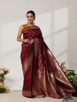 Garden VARELI - Maroon Silk Blend Woven Saree with Unstitched Blouse