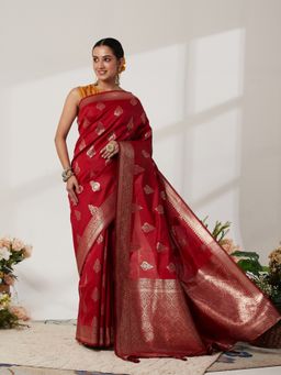 Garden VARELI - Red Silk Blend Woven Saree with Unstitched Blouse