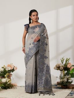 Garden VARELI - Navy Blue Cotton Blend Woven Saree with Unstitched Blouse