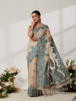 Garden VARELI - Beige Cotton Blend Woven Saree with Unstitched Blouse