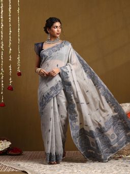 Garden VARELI - Grey Cotton Blend Woven Saree with Unstitched Blouse