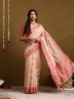 Garden VARELI - Peach Cotton Blend Woven Saree with Unstitched Blouse