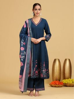 Cotton Culture - Navy Blue Chanderi Silk Floral Kurta and Palazzo with Dupatta