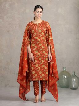 Cotton Culture - Rust Pure Cotton Floral Kurta and Pant with Dupatta
