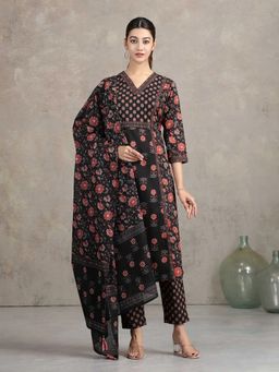 Cotton Culture - Black Pure Cotton Floral Kurta and Pant with Dupatta