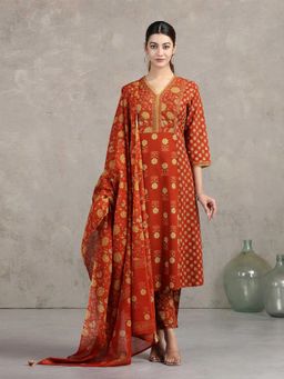Cotton Culture - Rust Pure Cotton Floral Kurta and Pant with Dupatta