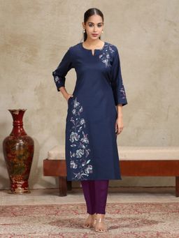 Cotton Culture - Navy Blue Floral Printed Straight Cotton Kurta