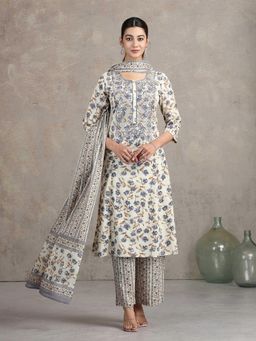 Cotton Culture - Off White Pure Cotton Floral Kurta and Pant with Dupatta