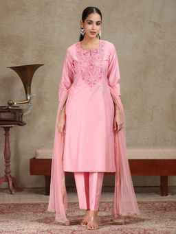 Cotton Culture - Pink Poly Silk Floral Kurta and Pant with Dupatta