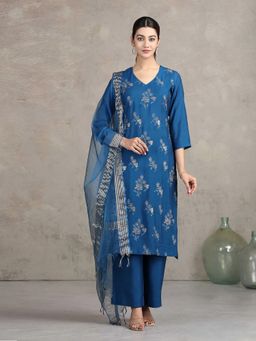 Cotton Culture - Blue Silk Floral Kurta and Palazzo with Dupatta