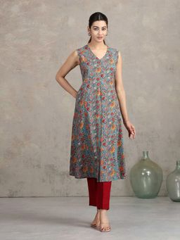 Cotton Culture - Blue Floral Printed A-Line Kurta