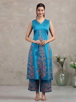 Cotton Culture - Blue Poly Silk Floral Kurta and Palazzo