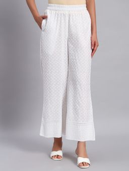 Shopping Queen - White Chikankari Embroidered Cotton Blend Palazzo