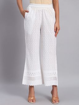 Shopping Queen - White Chikankari Embroidered Cotton Blend Palazzo