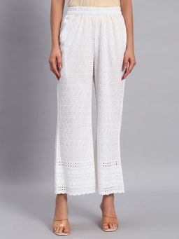 Shopping Queen - White Chikankari Embroidered Cotton Blend Palazzo