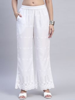 Shopping Queen - White Chikankari Embroidered Cotton Blend Palazzo