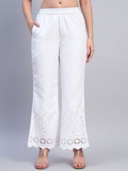 Shopping Queen - White Embroidered Chikankari Cotton Blend Palazzo