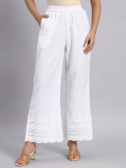 Shopping Queen - White Embroidered Chikankari Cotton Blend Palazzo