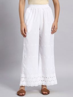 Shopping Queen - White Embroidered Chikankari Cotton Blend Palazzo