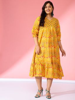 Bani Women - Mustard Floral Printed Cotton Dress